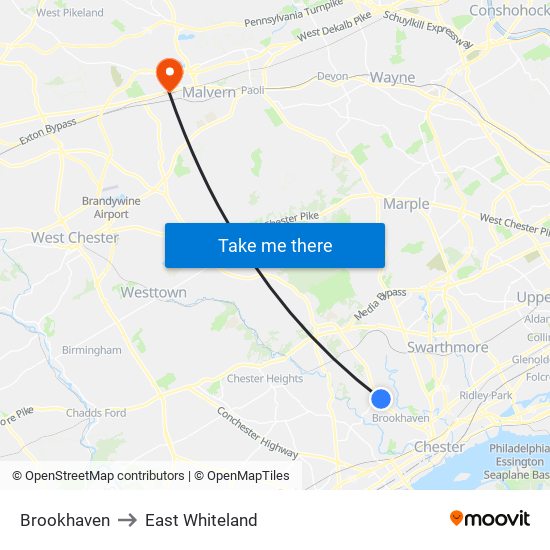 Brookhaven to East Whiteland map