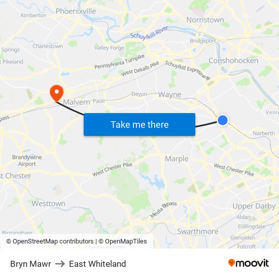 Bryn Mawr to East Whiteland map