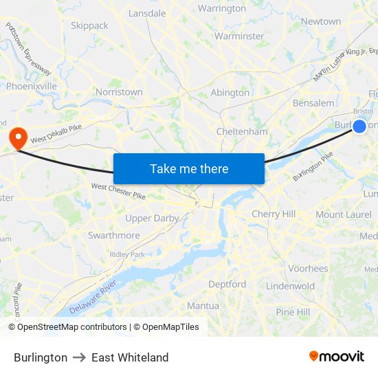 Burlington to East Whiteland map