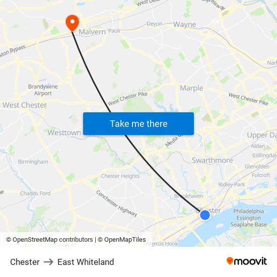 Chester to East Whiteland map