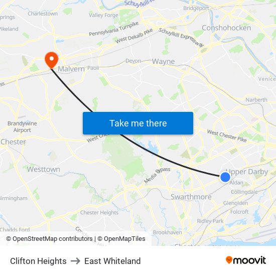 Clifton Heights to East Whiteland map