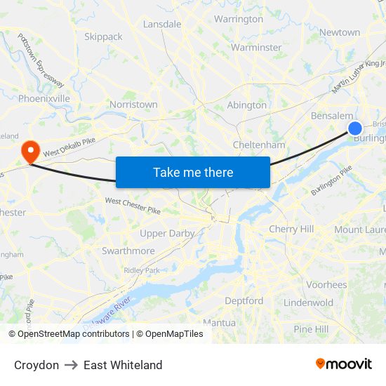 Croydon to East Whiteland map