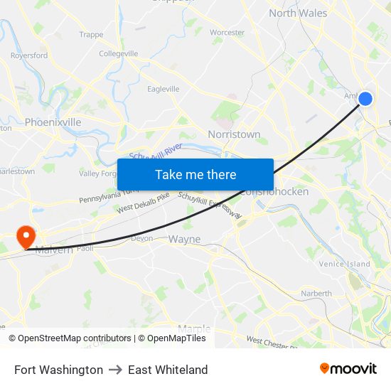 Fort Washington to East Whiteland map