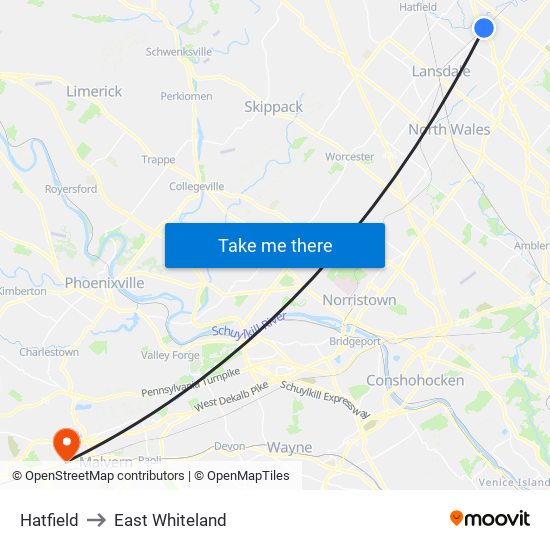 Hatfield to East Whiteland map