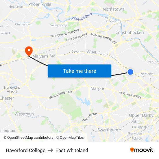 Haverford College to East Whiteland map