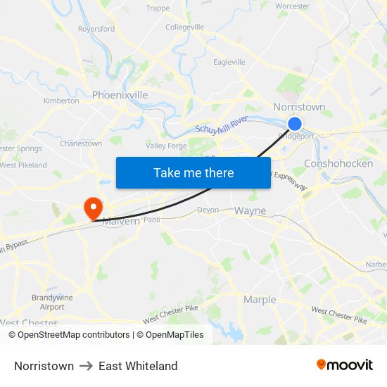 Norristown to East Whiteland map