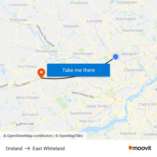 Oreland to East Whiteland map