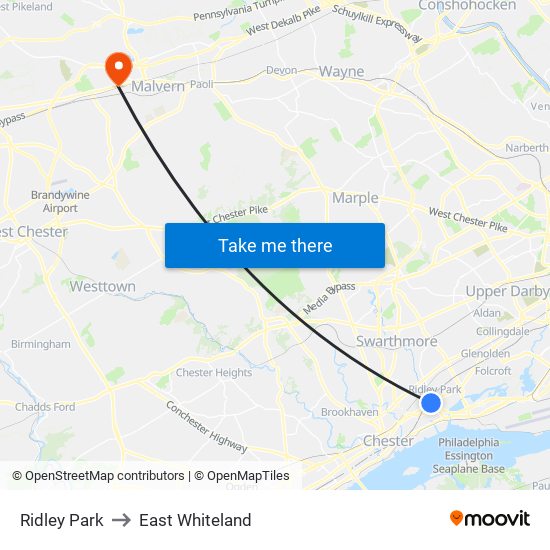 Ridley Park to East Whiteland map