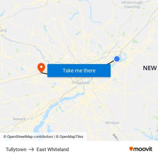 Tullytown to East Whiteland map