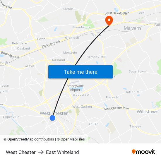 West Chester to East Whiteland map