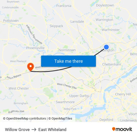 Willow Grove to East Whiteland map