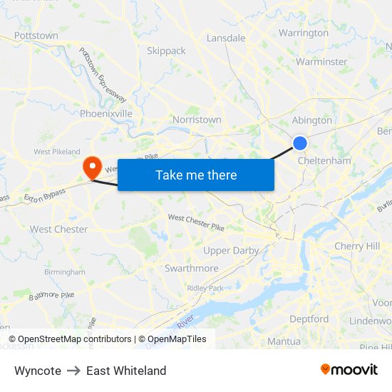 Wyncote to East Whiteland map