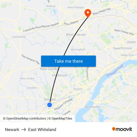 Newark to East Whiteland map