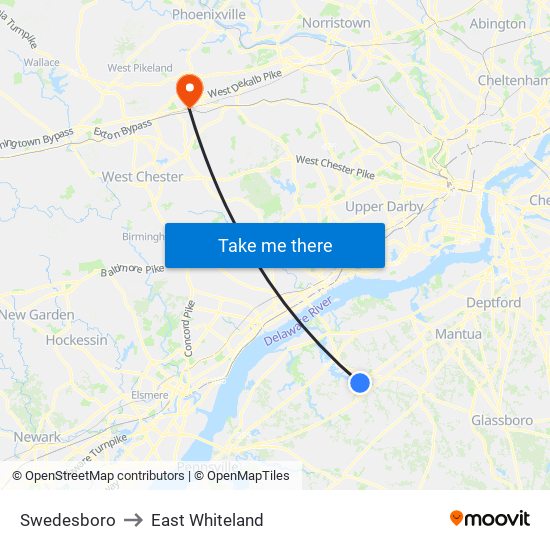 Swedesboro to East Whiteland map