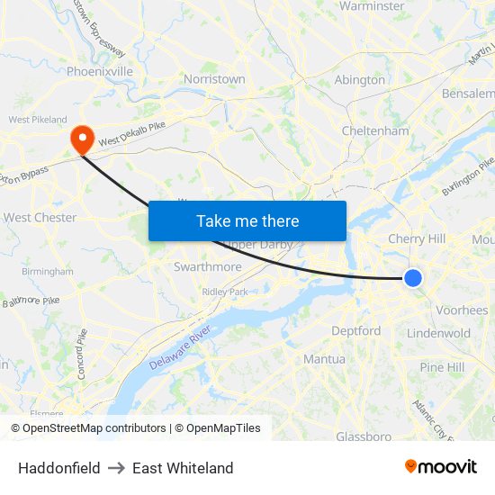 Haddonfield to East Whiteland map