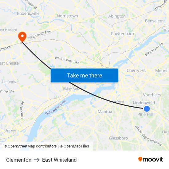 Clementon to East Whiteland map