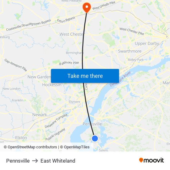 Pennsville to East Whiteland map