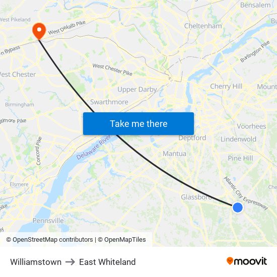 Williamstown to East Whiteland map