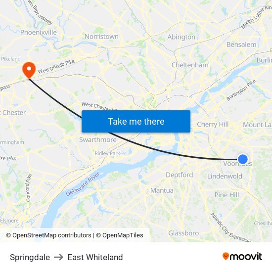 Springdale to East Whiteland map