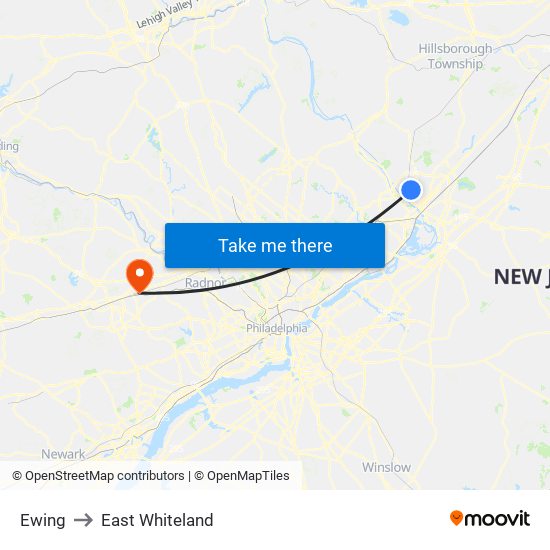 Ewing to East Whiteland map
