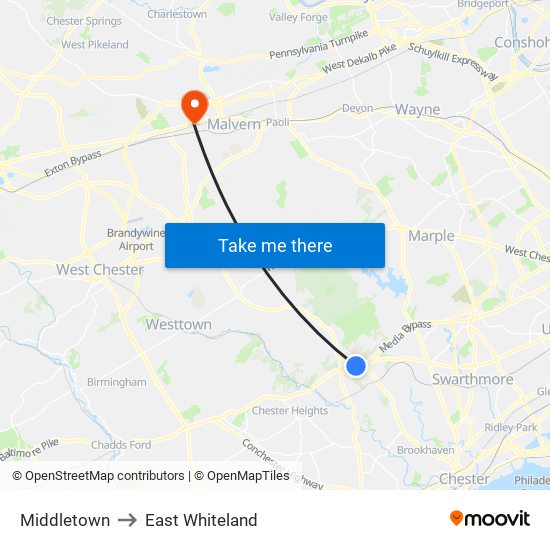 Middletown to East Whiteland map