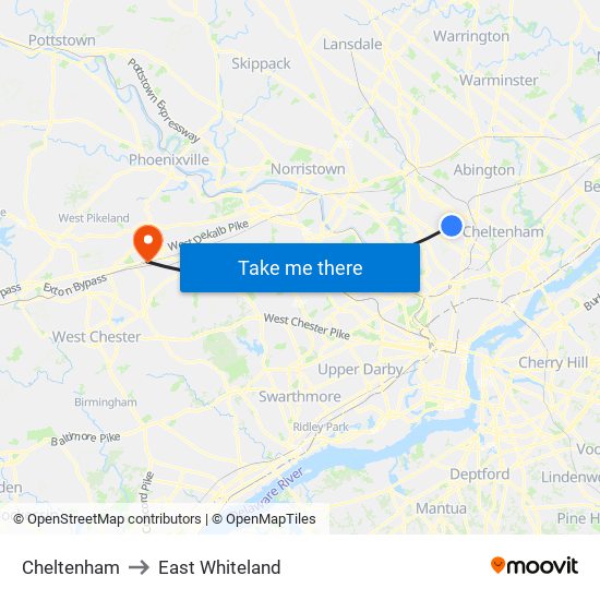 Cheltenham to East Whiteland map