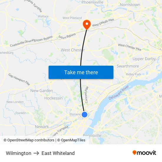 Wilmington to East Whiteland map