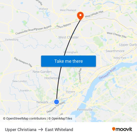 Upper Christiana to East Whiteland map