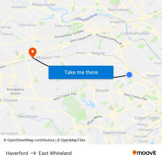 Haverford to East Whiteland map