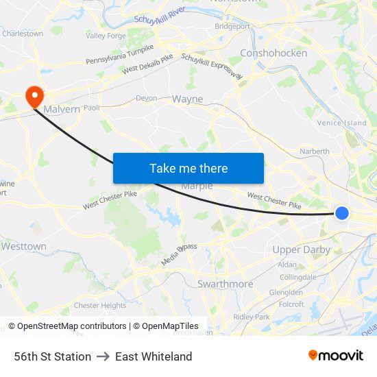 56th St Station to East Whiteland map