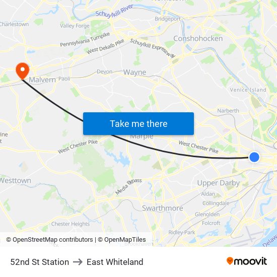 52nd St Station to East Whiteland map