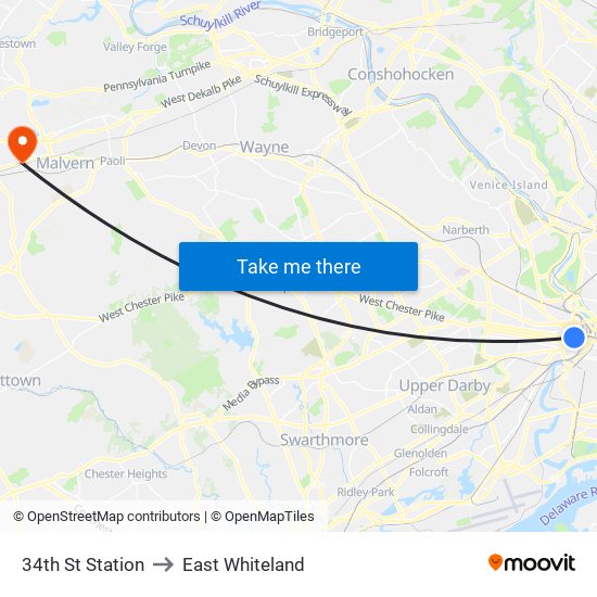 34th St Station to East Whiteland map