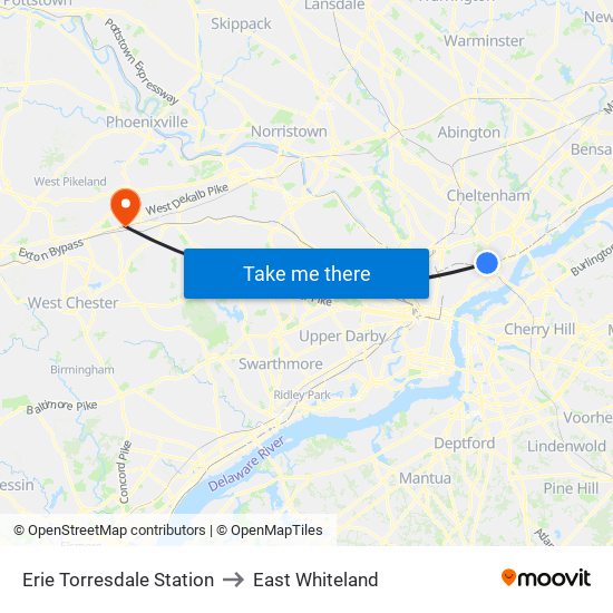 Erie Torresdale Station to East Whiteland map