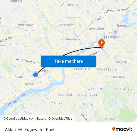 Aldan to Edgewater Park map