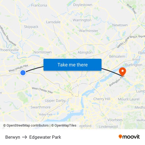 Berwyn to Edgewater Park map