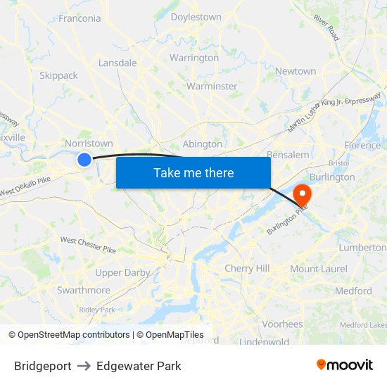 Bridgeport to Edgewater Park map