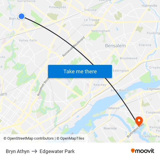 Bryn Athyn to Edgewater Park map