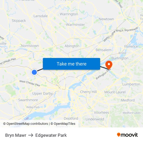 Bryn Mawr to Edgewater Park map