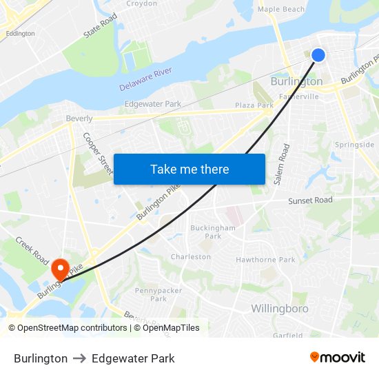 Burlington to Edgewater Park map