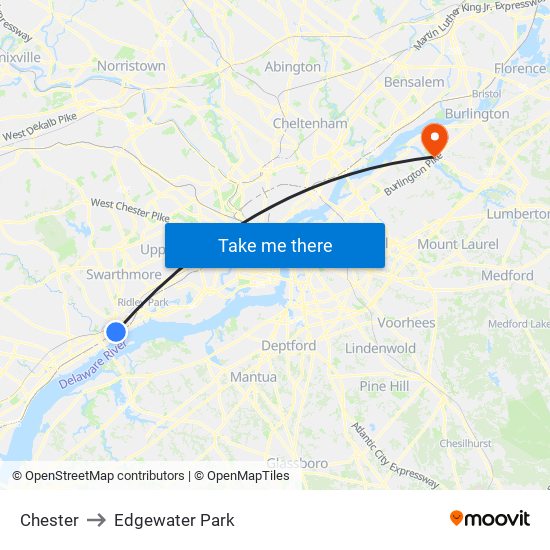 Chester to Edgewater Park map
