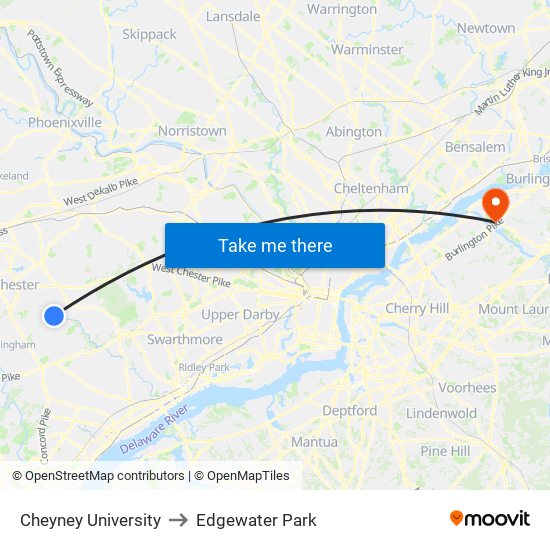 Cheyney University to Edgewater Park map