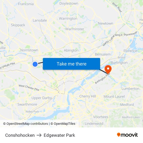 Conshohocken to Edgewater Park map