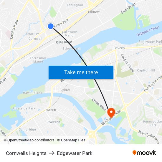 Cornwells Heights to Edgewater Park map