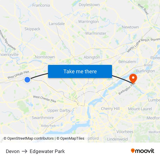 Devon to Edgewater Park map