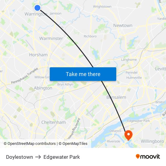 Doylestown to Edgewater Park map