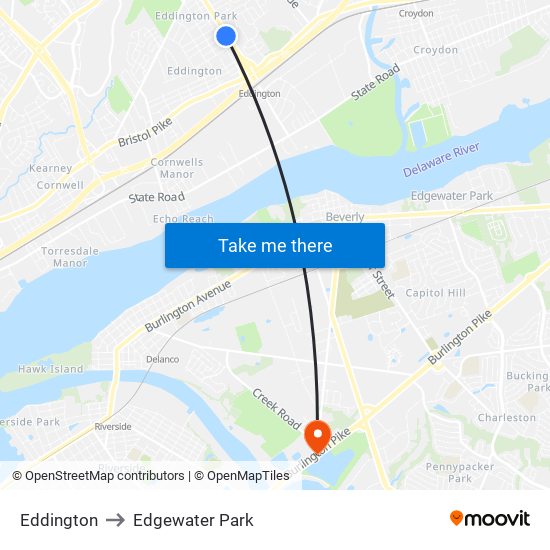 Eddington to Edgewater Park map