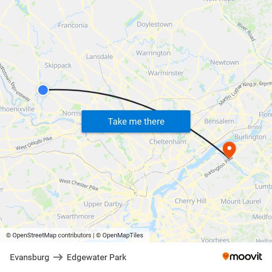 Evansburg to Edgewater Park map