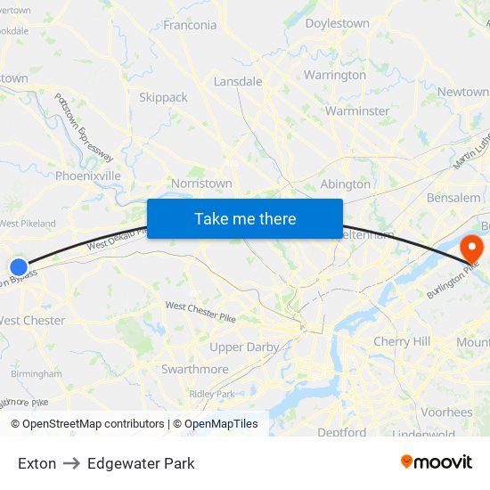 Exton to Edgewater Park map