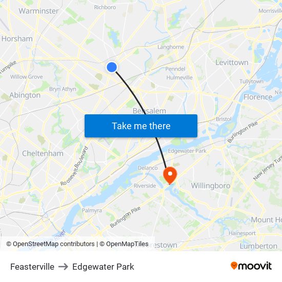 Feasterville to Edgewater Park map