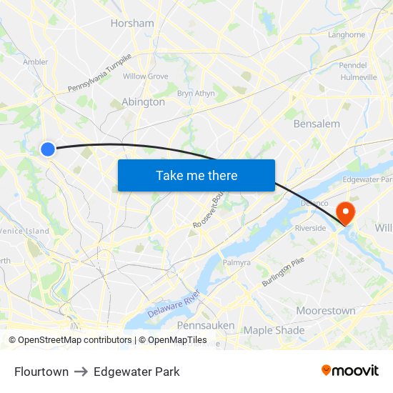 Flourtown to Edgewater Park map